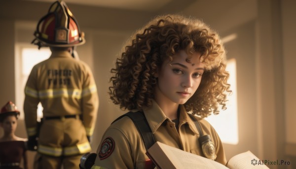 1girl,looking at viewer,brown hair,shirt,1boy,brown eyes,upper body,multiple boys,solo focus,collared shirt,indoors,dark skin,blurry,uniform,dark-skinned female,lips,book,window,stuffed animal,helmet,curly hair,open book,realistic,nose,afro,holding,standing,medium hair,depth of field,blurry background,sunlight,goggles,messy hair,clothes writing,backlighting,holding book,jumpsuit