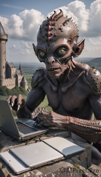 solo,looking at viewer,green eyes,outdoors,sky,teeth,day,cloud,blue sky,fingernails,no humans,cloudy sky,sharp teeth,building,claws,science fiction,monster,mountain,city,realistic,computer,giant,castle,laptop,alien,kaijuu,1boy,male focus,black nails,sharp fingernails,ruins,destruction