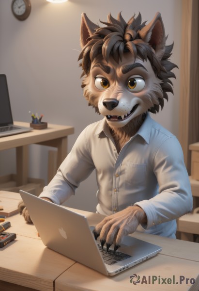 solo,smile,open mouth,brown hair,shirt,1boy,animal ears,brown eyes,sitting,male focus,teeth,indoors,fangs,chair,table,thick eyebrows,claws,furry,desk,freckles,clock,furry male,computer,male child,body fur,animal nose,laptop,snout,brown fur,dog boy,looking at viewer,short hair,long sleeves,yellow eyes,upper body,collared shirt,artist name,watermark,wolf ears,blue shirt,sharp teeth,dog ears,pocket,pajamas,breast pocket,wolf boy,werewolf,wall clock