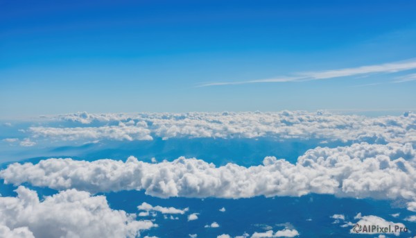 monochrome,outdoors,sky,day,cloud,blue sky,no humans,bird,ocean,cloudy sky,scenery,blue theme,horizon,landscape,above clouds