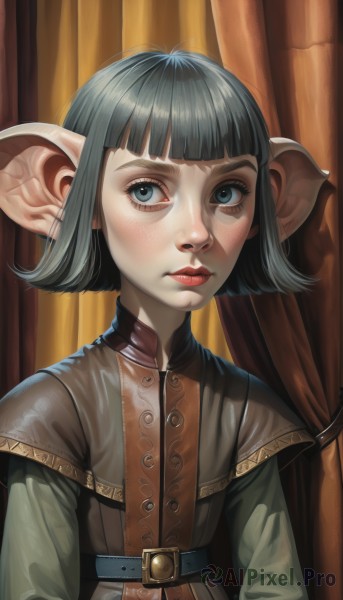 1girl,solo,looking at viewer,short hair,bangs,blue eyes,black hair,long sleeves,closed mouth,upper body,grey hair,pointy ears,belt,blunt bangs,lips,grey eyes,capelet,bob cut,curtains,elf,androgynous,buckle,freckles,red lips,blush,eyelashes,makeup,realistic,nose,fantasy,sanpaku,green capelet