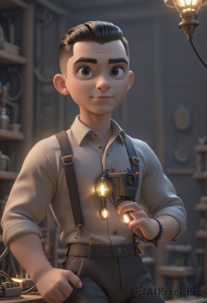 solo,looking at viewer,smile,short hair,brown hair,shirt,black hair,1boy,holding,brown eyes,jewelry,closed mouth,white shirt,male focus,cowboy shot,collared shirt,pants,indoors,blurry,black eyes,blurry background,black pants,suspenders,child,sleeves rolled up,watch,wristwatch,lamp,male child,light bulb,standing,belt,artist name,thick eyebrows,hand in pocket,glint,camera,light,undercut