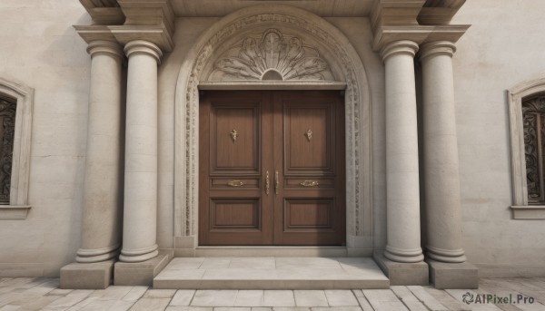 indoors,no humans,scenery,stairs,door,tile floor,pillar,open door,hallway,arch,column,wooden floor,wall,architecture,statue,stone floor