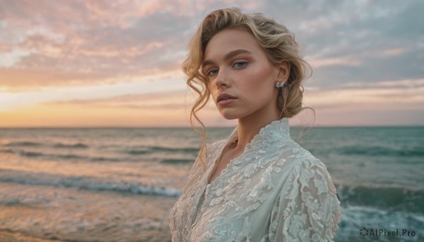 1girl,solo,long hair,looking at viewer,blue eyes,blonde hair,dress,jewelry,upper body,earrings,outdoors,parted lips,sky,cloud,water,white dress,blurry,lips,depth of field,blurry background,ocean,beach,cloudy sky,freckles,realistic,nose,makeup,waves