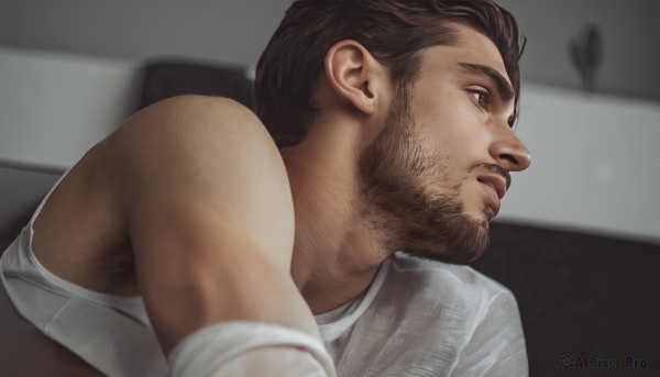 solo,short hair,brown hair,shirt,1boy,brown eyes,white shirt,upper body,male focus,parted lips,indoors,blurry,from side,looking to the side,muscular,blurry background,facial hair,bandages,tank top,beard,mature male,realistic,mustache,white tank top,arm hair,bare shoulders,closed mouth,underwear,dark skin,bra,profile