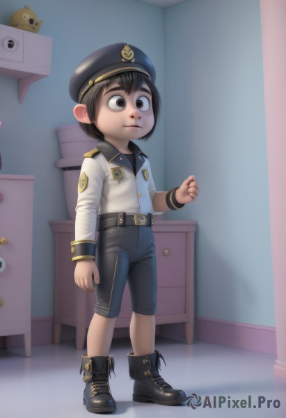 1girl,solo,short hair,brown hair,shirt,black hair,long sleeves,1boy,hat,brown eyes,standing,full body,male focus,boots,belt,pants,indoors,black footwear,uniform,black eyes,child,female child,male child,police,police uniform,shorts