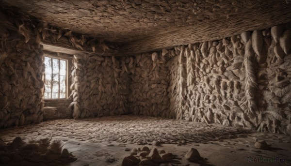 monochrome,day,indoors,tree,no humans,window,sunlight,scenery,rock,wall,ruins,brown theme,stone,leaf,plant,curtains,wood