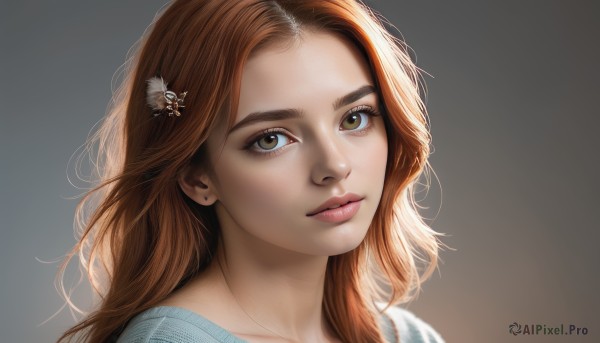 1girl,solo,long hair,looking at viewer,simple background,brown hair,shirt,hair ornament,brown eyes,jewelry,closed mouth,earrings,grey background,orange hair,lips,head tilt,eyelashes,feathers,portrait,freckles,realistic,nose,stud earrings,green eyes,parted lips,hairclip,wavy hair