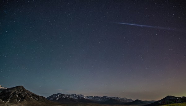 outdoors,sky,no humans,night,star (sky),night sky,scenery,starry sky,mountain,landscape,mountainous horizon,shooting star,milky way,grass