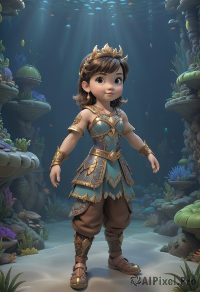 1girl,solo,looking at viewer,short hair,brown hair,dress,bare shoulders,brown eyes,jewelry,standing,full body,earrings,parted lips,pants,medium hair,water,armor,bracelet,lips,blue dress,sandals,sunlight,tiara,crown,child,armlet,fish,light rays,rock,underwater,bracer,sunbeam,brown pants,mushroom,coral,boots,black eyes,watermark,web address,female child,air bubble,seaweed