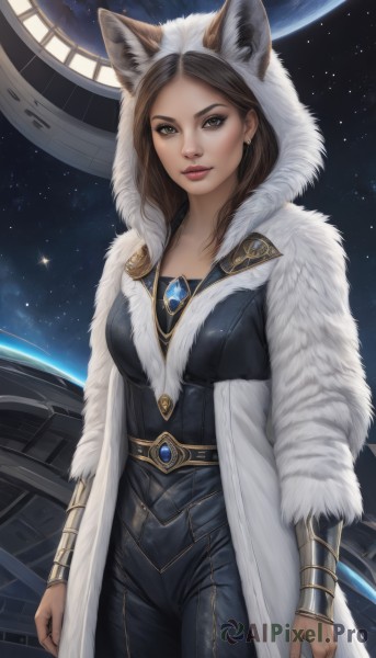 1girl,solo,long hair,breasts,looking at viewer,brown hair,animal ears,brown eyes,jewelry,medium breasts,standing,cowboy shot,earrings,pants,hood,lips,coat,fur trim,bodysuit,makeup,fake animal ears,gem,star (sky),hood up,animal hood,nose,white coat,red lips,space,planet,earth (planet),artist name,wolf ears,realistic