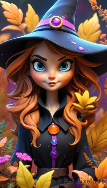 1girl,solo,long hair,looking at viewer,smile,blue eyes,brown hair,long sleeves,hat,dress,closed mouth,upper body,flower,belt,artist name,signature,orange hair,blurry,black dress,lips,eyelashes,makeup,witch hat,buttons,leaf,wavy hair,thick eyebrows,brooch,gem,buckle,blue headwear,freckles,curly hair,pouch,belt buckle,witch,brown belt,straight-on,belt pouch,bangs,red hair,watermark,web address,yellow flower,nose