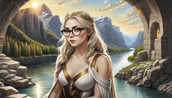 1girl,solo,long hair,breasts,looking at viewer,blonde hair,dress,cleavage,bare shoulders,brown eyes,medium breasts,closed mouth,collarbone,upper body,hairband,outdoors,sky,glasses,cloud,water,cape,white dress,lips,wavy hair,gem,black-framed eyewear,sunset,rock,mountain,sun,pillar,lake,blush,parted lips,day,artist name,sunlight,cloudy sky,freckles,curly hair,nose