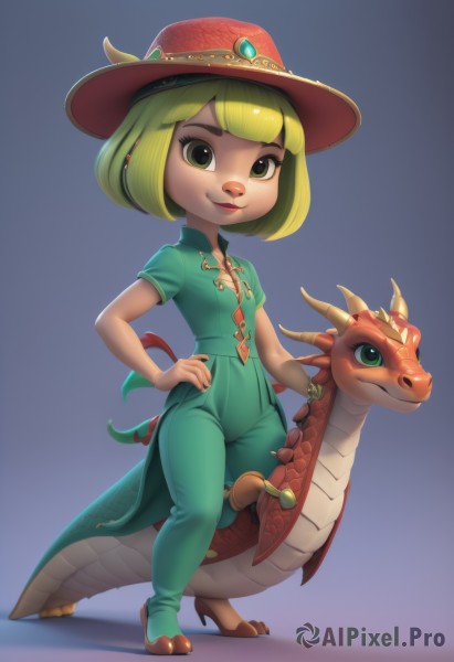 1girl,solo,looking at viewer,smile,short hair,bangs,blonde hair,simple background,shirt,hat,closed mouth,green eyes,standing,tail,full body,short sleeves,green hair,horns,shoes,pants,blunt bangs,high heels,lips,hand on hip,gradient background,blue background,child,dragon horns,green shirt,dragon,dragon tail,female child,green pants,animal ears,brown eyes,jewelry,artist name,nail polish,flat chest,gradient,bob cut,red headwear,furry,furry female,green nails,green footwear