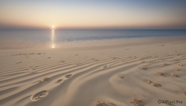 outdoors,sky,day,water,no humans,shadow,ocean,beach,scenery,sunset,rock,sand,sun,horizon,shore,desert,footprints,vehicle focus