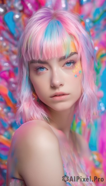 1girl,solo,looking at viewer,bangs,blue eyes,bare shoulders,jewelry,closed mouth,blue hair,upper body,pink hair,multicolored hair,earrings,blunt bangs,star (symbol),blurry,two-tone hair,lips,eyelashes,makeup,depth of field,blurry background,watermark,portrait,web address,eyeshadow,realistic,nose,colorful,mascara,rainbow hair,short hair,parted lips,artist name,medium hair,facial mark,freckles