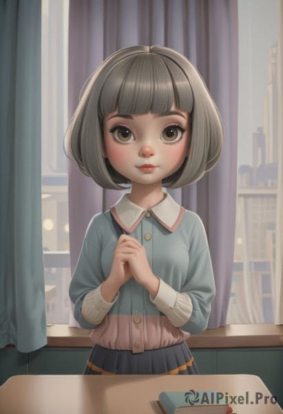 1girl,solo,breasts,looking at viewer,blush,smile,short hair,bangs,skirt,brown hair,shirt,long sleeves,brown eyes,closed mouth,standing,upper body,grey hair,small breasts,collared shirt,artist name,indoors,blunt bangs,black skirt,lips,blue skirt,book,eyelashes,window,buttons,table,bob cut,own hands together,blue shirt,curtains,desk,nose,bookshelf,makeup,shadow,watermark,red lips,classroom,school desk