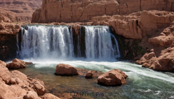 outdoors,day,water,no humans,scenery,rock,river,waterfall,cliff,cave,solo,artist name,signature,nature,moss,stone,stream