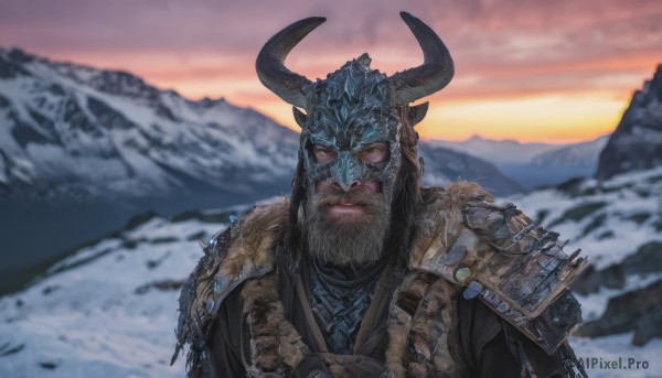 solo,looking at viewer,1boy,closed mouth,upper body,male focus,outdoors,horns,sky,armor,blurry,fur trim,blurry background,facial hair,helmet,shoulder armor,beard,snow,pauldrons,sunset,mountain,realistic,fake horns,mountainous horizon,horned helmet,chainmail,blue eyes,portrait,scenery,furry,tusks