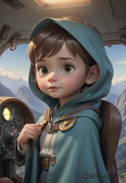 1girl,solo,looking at viewer,short hair,brown hair,shirt,long sleeves,1boy,brown eyes,closed mouth,white shirt,upper body,male focus,outdoors,sky,day,belt,hood,bag,lips,backpack,ground vehicle,child,cloak,hood up,freckles,mountain,nose,male child,holding strap,blush,bangs,artist name,cape,thick eyebrows,badge