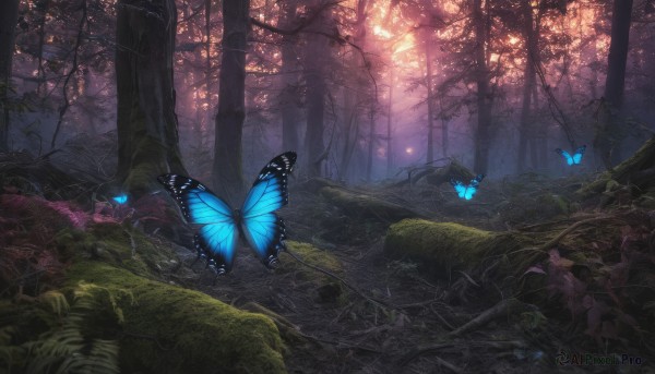 outdoors, tree, no humans, night, glowing, sunlight, bug, butterfly, nature, scenery, forest, dark, blue butterfly