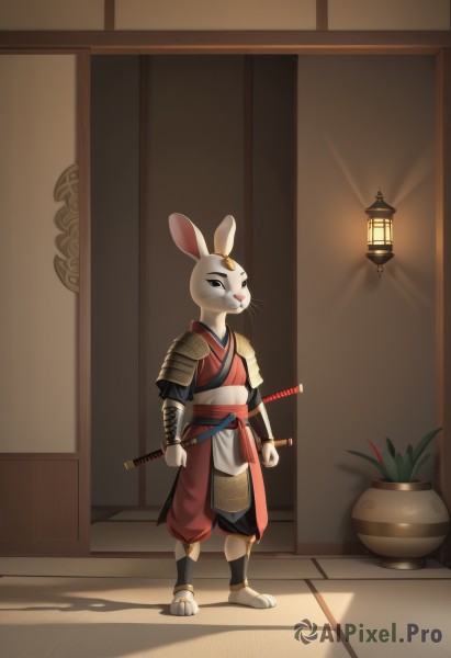 1girl,solo,looking at viewer,animal ears,closed mouth,standing,tail,full body,weapon,japanese clothes,barefoot,sword,artist name,indoors,kimono,armor,rabbit ears,black eyes,sash,facial mark,obi,happy,katana,plant,shoulder armor,sheath,furry,clenched hands,rabbit,sheathed,lantern,mouse ears,rabbit girl,furry female,potted plant,lamp,toeless legwear,japanese armor,red kimono,body fur,white fur,arm guards,animal nose,topknot,whiskers,kote,samurai,buck teeth,shin guards,rabbit boy,holding,pants,holding weapon,shadow,holding sword,sunlight,clenched hand,1other,tabi,ninja,scabbard,architecture,sliding doors,vase,sode