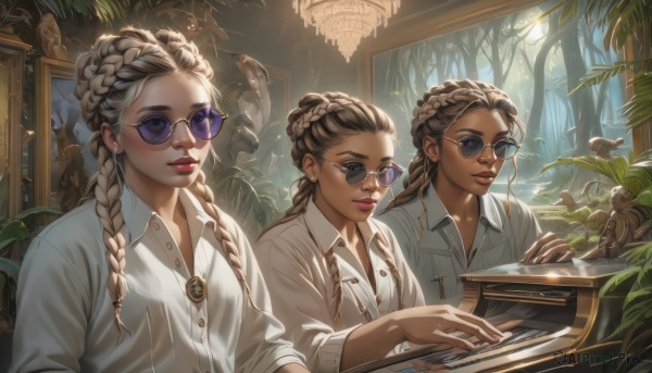 long hair,looking at viewer,smile,blue eyes,multiple girls,blonde hair,brown hair,shirt,long sleeves,brown eyes,jewelry,sitting,closed mouth,white shirt,upper body,braid,earrings,parted lips,glasses,collared shirt,indoors,dark skin,3girls,necklace,hair bun,twin braids,dark-skinned female,tree,lips,eyelashes,dress shirt,makeup,buttons,bird,siblings,animal,leaf,sunlight,single hair bun,sunglasses,plant,lipstick,sisters,instrument,nature,hair over shoulder,forest,pocket,twins,pink lips,nose,round eyewear,music,stud earrings,breast pocket,tinted eyewear,playing instrument,hair pulled back,mascara,piano,dreadlocks,multiple braids,purple-tinted eyewear,multicolored hair,artist name,fingernails,piercing,pendant,eyeshadow,freckles,braided bun,purple lips,purple-framed eyewear,blue-tinted eyewear