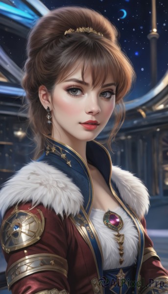 1girl,solo,long hair,breasts,looking at viewer,bangs,brown hair,hair ornament,dress,cleavage,brown eyes,jewelry,medium breasts,jacket,upper body,ponytail,earrings,parted lips,open clothes,sky,blurry,lips,grey eyes,fur trim,eyelashes,makeup,night,blurry background,moon,lipstick,brooch,gem,star (sky),night sky,starry sky,freckles,nose,red lips,crescent moon,blush,outdoors,artist name,watermark,red jacket,realistic