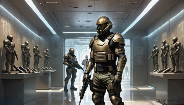 gloves,holding,standing,weapon,male focus,multiple boys,indoors,holding weapon,armor,uniform,gun,military,bodysuit,helmet,shoulder armor,holding gun,rifle,handgun,science fiction,6+boys,realistic,assault rifle,submachine gun,hallway,soldier,bullpup,walking