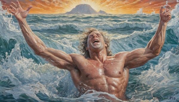 solo,smile,open mouth,blonde hair,1boy,nipples,closed eyes,upper body,male focus,nude,outdoors,sky,teeth,cloud,water,arms up,wet,muscular,ocean,parody,abs,outstretched arms,pectorals,muscular male,partially submerged,topless male,sunset,mountain,realistic,sun,manly,splashing,waves,fine art parody,armpits,veins,mount fuji