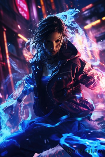 1girl,solo,looking at viewer,blue eyes,brown hair,shirt,black hair,1boy,jewelry,jacket,male focus,open clothes,pants,hood,medium hair,necklace,blurry,open jacket,tattoo,blurry background,glowing,fire,building,city,mechanical arms,single mechanical arm,cyberpunk,neon lights,short hair,gloves,holding,closed mouth,outdoors,fingerless gloves,night,black pants,realistic,arm tattoo,clothes around waist,facial tattoo