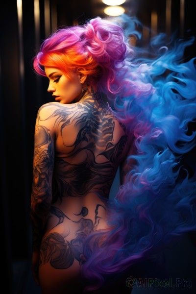 1girl,solo,long hair,looking at viewer,jewelry,blue hair,ponytail,pink hair,purple hair,ass,nude,red hair,multicolored hair,cowboy shot,earrings,looking back,from behind,orange hair,lips,tattoo,gradient hair,makeup,back,fire,nose,blue fire,back tattoo,very long hair,closed eyes,artist name,profile,glowing,light,fiery hair,full-body tattoo,glowing hair