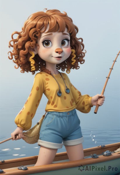 1girl,solo,looking at viewer,blush,smile,short hair,open mouth,bangs,brown hair,shirt,long sleeves,holding,brown eyes,standing,outdoors,parted lips,shorts,water,orange hair,flat chest,short shorts,denim,child,furry,freckles,fish,blue shorts,denim shorts,curly hair,yellow shirt,furry female,female child,watercraft,boat,fishing rod,fishing,holding fishing rod,medium hair,necklace,lips