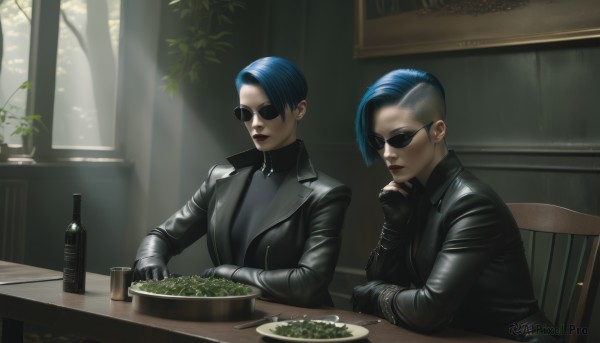 1girl,short hair,multiple girls,gloves,long sleeves,2girls,jewelry,sitting,closed mouth,blue hair,jacket,upper body,food,black gloves,indoors,fingerless gloves,cup,black jacket,window,makeup,chair,table,sunlight,sunglasses,bottle,plant,plate,leather,leather jacket,looking at viewer,black hair,nail polish,tree,knife,lipstick,black nails,drinking glass,zipper,very short hair,undercut,wine bottle,aviator sunglasses,salad