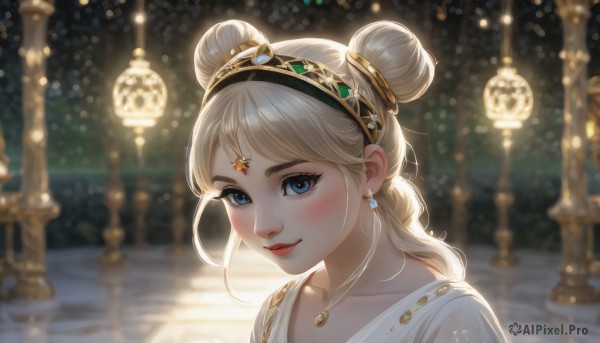 1girl,solo,long hair,looking at viewer,blush,smile,blue eyes,blonde hair,hair ornament,dress,jewelry,closed mouth,collarbone,braid,hairband,earrings,necklace,hair bun,blurry,lips,double bun,alternate hairstyle,depth of field,blurry background,gem,portrait,circlet,bangs,eyelashes,makeup,thick eyebrows,lipstick,pendant,backlighting,pink lips,nose,red lips,light,bokeh,gold