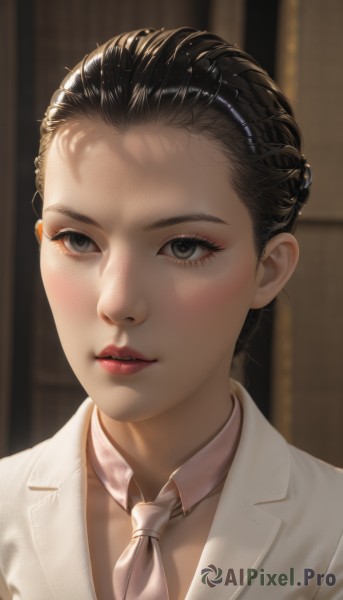 1girl,solo,looking at viewer,blush,short hair,brown hair,shirt,black hair,jacket,parted lips,necktie,teeth,collared shirt,indoors,blurry,black eyes,lips,grey eyes,makeup,blurry background,formal,white jacket,suit,lipstick,portrait,forehead,realistic,red lips,hair pulled back,white necktie,white suit,white shirt,upper body,eyelashes,looking away,nose