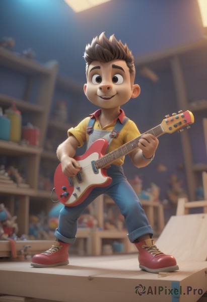 solo,looking at viewer,smile,short hair,open mouth,brown hair,shirt,1boy,holding,brown eyes,standing,full body,short sleeves,male focus,boots,shoes,teeth,collared shirt,pants,indoors,blurry,black eyes,blurry background,suspenders,denim,spiked hair,red footwear,instrument,child,yellow shirt,music,guitar,overalls,male child,playing instrument,holding instrument,shelf,electric guitar,sneakers,jeans