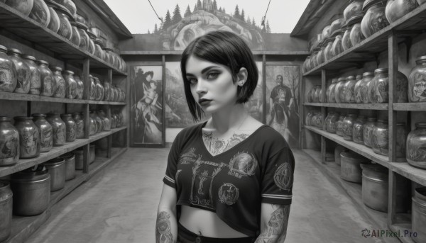 1girl,solo,breasts,looking at viewer,short hair,bangs,multiple girls,shirt,navel,jewelry,collarbone,monochrome,upper body,short sleeves,greyscale,earrings,small breasts,outdoors,food,multiple boys,solo focus,midriff,lips,crop top,tattoo,makeup,piercing,bottle,lipstick,t-shirt,ear piercing,realistic,stud earrings,arm tattoo,print shirt,bread,navel piercing,statue,jar,shop,stomach tattoo,shopping,closed mouth,artist name,indoors,parted bangs,scenery,logo,shelf,cropped shirt,neck tattoo,convenience store