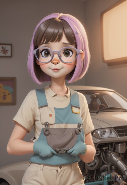 1girl,solo,looking at viewer,smile,short hair,bangs,brown hair,shirt,hair ornament,gloves,brown eyes,closed mouth,standing,pink hair,purple hair,short sleeves,multicolored hair,cowboy shot,glasses,shorts,hairclip,collared shirt,artist name,indoors,two-tone hair,lips,ground vehicle,t-shirt,motor vehicle,blue gloves,female child,overalls,motorcycle,blue-framed eyewear,blue overalls,blush,black hair,white shirt,upper body,bob cut,realistic,brown shorts