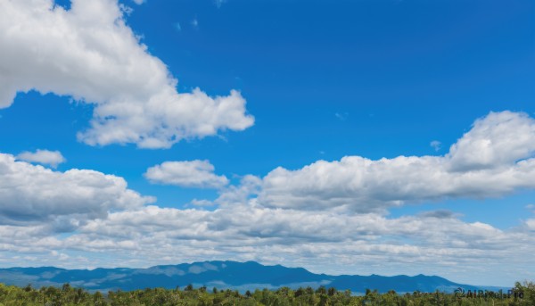 outdoors,sky,day,cloud,tree,blue sky,no humans,cloudy sky,nature,scenery,forest,mountain,landscape,summer,mountainous horizon,hill,cumulonimbus cloud