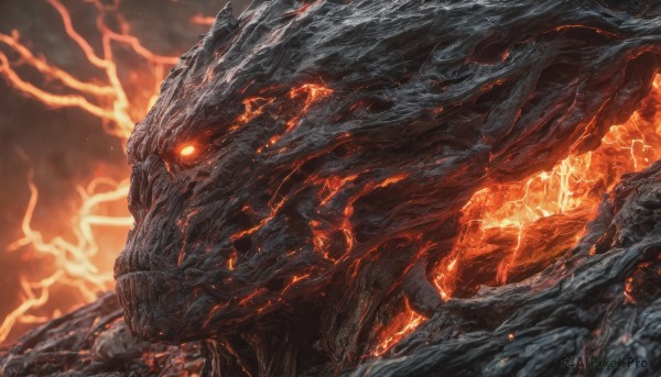 orange eyes, no humans, glowing, glowing eyes, monster, rock, electricity, scales, lightning, molten rock, kaijuu