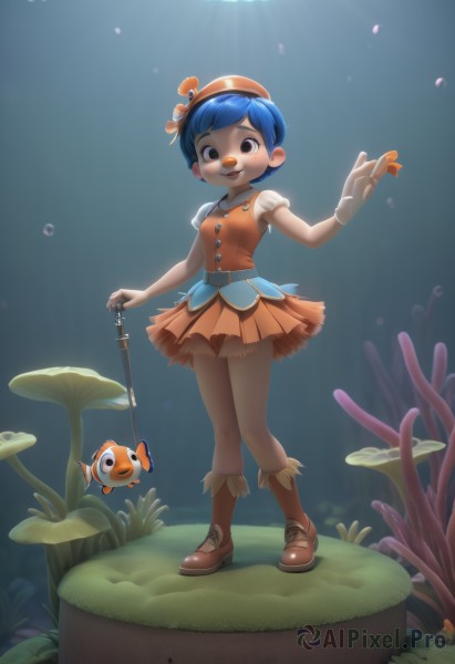 1girl,solo,looking at viewer,blush,smile,short hair,open mouth,bangs,skirt,shirt,gloves,hat,dress,holding,brown eyes,blue hair,standing,full body,white shirt,short sleeves,pleated skirt,boots,shoes,teeth,sleeveless,socks,belt,artist name,white gloves,signature,vest,sleeveless shirt,brown footwear,grass,plant,personification,fish,bubble,light rays,underwater,air bubble,very short hair,orange skirt,orange dress,orange footwear,coral,seaweed,orange vest,:d,puffy sleeves,fingerless gloves,puffy short sleeves,leaf,watermark,web address,single glove,cane