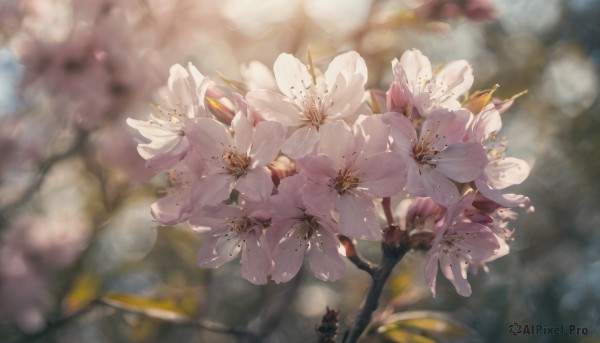 flower, outdoors, day, blurry, no humans, depth of field, blurry background, white flower, cherry blossoms, scenery, branch, still life