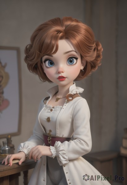 1girl,solo,breasts,looking at viewer,short hair,blue eyes,brown hair,long sleeves,dress,jewelry,earrings,belt,indoors,necklace,white dress,blurry,lips,eyelashes,makeup,buttons,blurry background,table,lipstick,freckles,curly hair,red lips,candle,picture frame,painting (object),portrait (object),bangs,small breasts,frills,parted lips,teeth,nail polish,fingernails,frilled sleeves,corset,hair up,updo