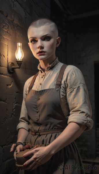 1girl,solo,looking at viewer,short hair,shirt,holding,standing,white shirt,grey hair,cowboy shot,parted lips,food,indoors,black eyes,apron,lips,grey eyes,blood,sleeves rolled up,freckles,realistic,basket,red lips,very short hair,wall,bread,brick wall,stone wall,brown eyes,jewelry,bracelet,makeup,fruit,holding food,bald,dirty,holding basket