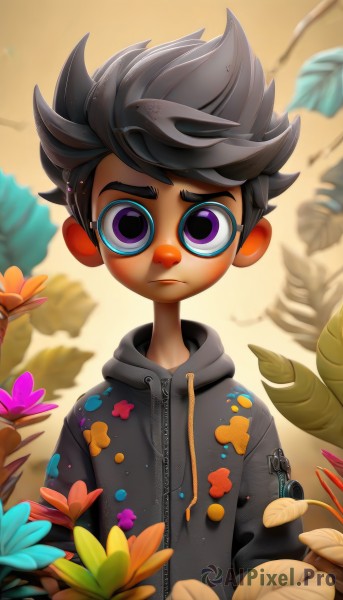 solo,looking at viewer,short hair,black hair,1boy,closed mouth,purple eyes,jacket,upper body,flower,grey hair,male focus,hood,hoodie,leaf,hood down,spiked hair,child,zipper,male child,grey hoodie,outdoors,artist name,blurry,frown,watermark,plant,messy hair,web address,wide-eyed,drawstring