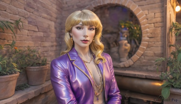 1girl,solo,long hair,breasts,looking at viewer,bangs,blonde hair,cleavage,brown eyes,jewelry,jacket,upper body,earrings,parted lips,open clothes,necklace,lips,makeup,plant,lipstick,red lips,potted plant,purple jacket,brick wall,medium breasts,outdoors,no bra,realistic