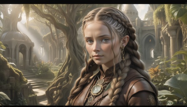 1girl,solo,long hair,looking at viewer,blue eyes,brown hair,brown eyes,jewelry,upper body,braid,flower,multicolored hair,earrings,outdoors,day,necklace,twin braids,tree,lips,grey eyes,leaf,sunlight,plant,building,nature,scenery,pendant,light rays,realistic,nose,fantasy,dappled sunlight,pillar,arch,multiple braids,closed mouth,letterboxed,portrait,architecture,sunbeam