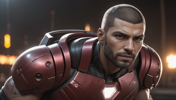 solo,looking at viewer,short hair,black hair,1boy,brown eyes,upper body,grey hair,male focus,dark skin,armor,blurry,tattoo,muscular,blurry background,facial hair,muscular male,shoulder armor,beard,mature male,realistic,very short hair,manly,power armor,buzz cut,closed mouth,dark-skinned male,thick eyebrows,science fiction,serious