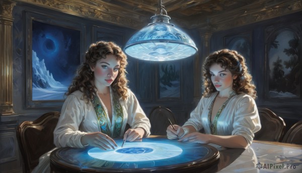 long hair,breasts,blush,smile,blue eyes,multiple girls,brown hair,long sleeves,dress,holding,2girls,cleavage,jewelry,medium breasts,sitting,glasses,indoors,white dress,lips,makeup,night,glowing,siblings,wavy hair,chair,moon,table,sisters,curly hair,twins,robe,fantasy,silhouette,magic,eyewear removed,bangs,shirt,closed mouth,upper body,earrings,parted lips,puffy sleeves,artist name,water,necklace,looking at another,fingernails,looking to the side,eyelashes,watermark,looking away,knife,crescent,pink lips,nose,red lips,light,paintbrush,planet,picture frame,sleeves pushed up,painting (object),mascara,holding paintbrush,painting (action)